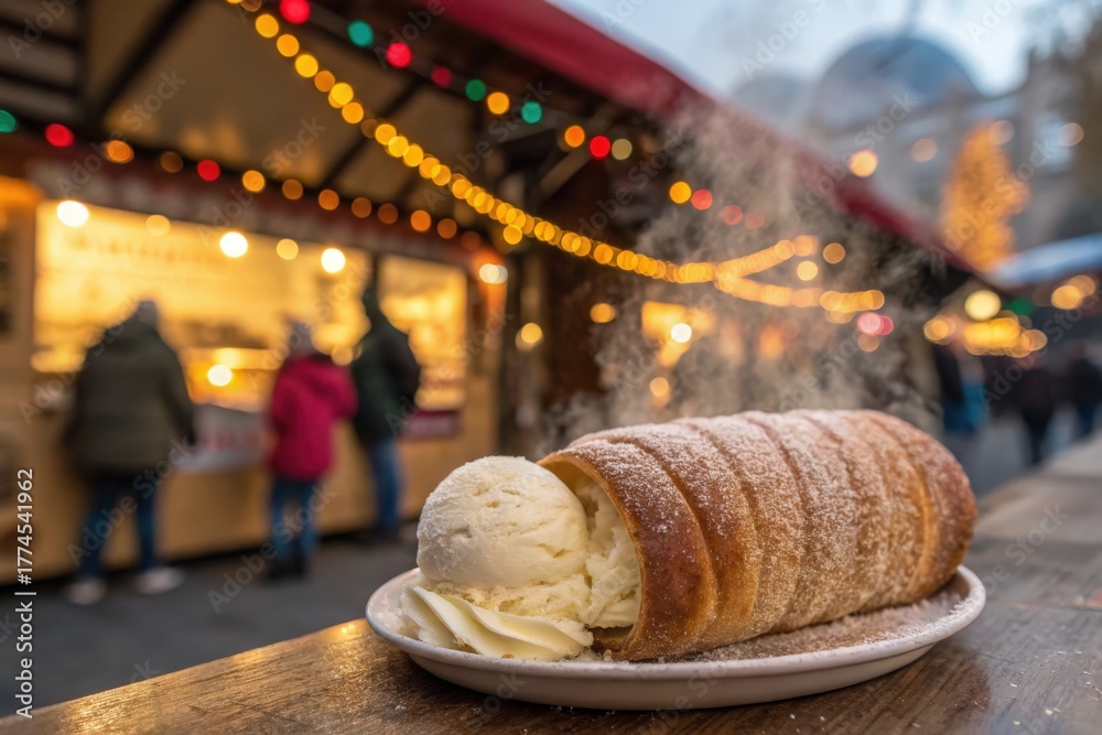 Obraz premium Chimney cake with ice cream at a christmas market in budapest, hungary