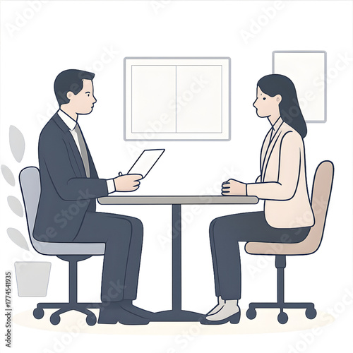 interviewer and candidate sitting across each other, formal posture