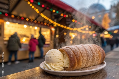Chimney cake with ice cream at a christmas market in budapest, hungary