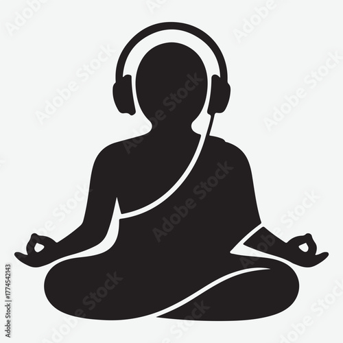 Silhouette of a meditating figure with headphones, symbolizing mindful listening