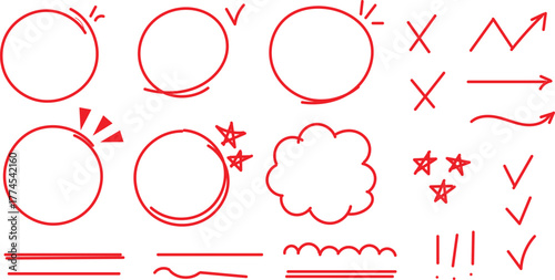 hand drawn vintage doodle element include circles, checkmarks, crosses, arrows, stars, underlines, and a cloud-shaped bubble.
