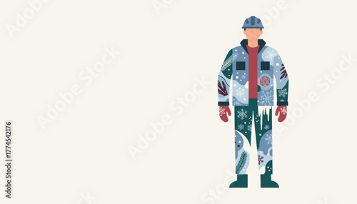 Winter worker illustration wearing stylized cold weather uniform and safety helmet