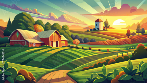 Very beautiful farm landscape in northeastern Iowa during late spring, featuring golden sunset light over green fields, trees, and peaceful rural scenery in the American Midwest.