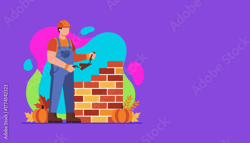 Professional mason laying bricks with a trowel Home construction and renovation concept graphic