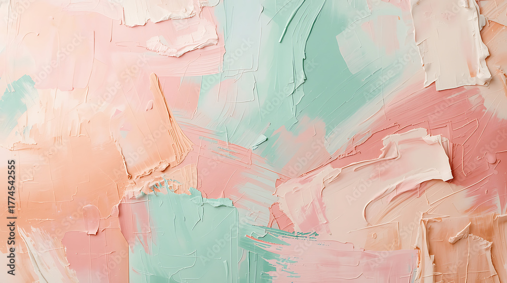 Fototapeta premium Soft pastel abstract expressionism background with thick impasto brush strokes of blush pink, mint green, and peach.