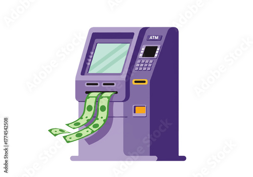 Purple ATM machine dispensing green banknotes, illustrating financial transactions and cash withdrawal.