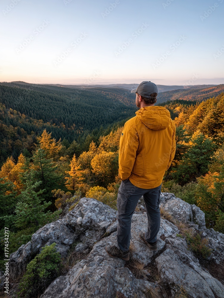 Naklejka premium A man in a yellow jacket stands on a rock, gazing at a vast forest landscape during autumn. The scene captures tranquility and adventure in nature.