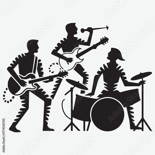 Silhouette of a rock band performing on stage with guitars and drums