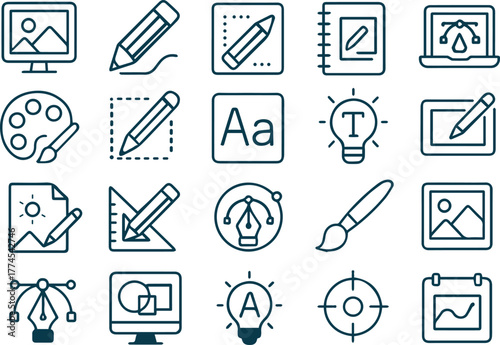 Graphic design elements isolated on white background showcasing creativity and tools for visual communication and artistic expression in digital and traditional media