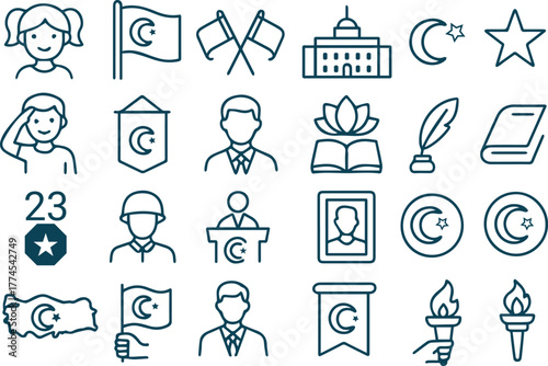 Line art illustration isolated on white background featuring symbols of turkish national identity, including flags, portraits, and cultural icons