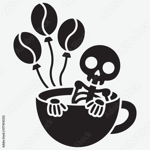 Skeleton in Coffee Cup with Coffee Bean Balloons