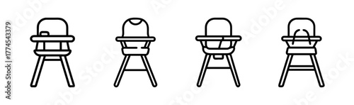 Vector illustration of a simple black and white high chair icon for baby furniture or mealtime graphics