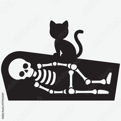 Spooky Black Cat Sits on Coffin with Skeleton Inside, Halloween Icon