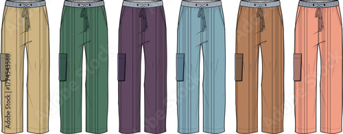 A collection of colorful cargo pants technical fashion flat sketches. Vector illustration set of casual trousers with side pockets for apparel design and clothing mockups