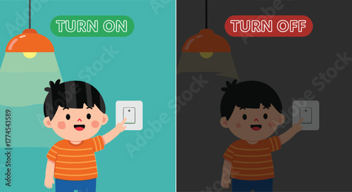 Cartoon child turning light switch, on off concept, electricity, learning, cause effect, room lighting, vector, educational, isolated, indoor