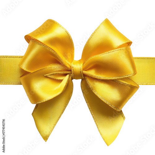 A vibrant golden yellow satin bow tied neatly on a matching ribbon is isolated against a solid black background creating a striking visual