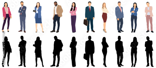 Silhouettes set of standing business people male and female isolated on white background. Crowd, group of business people vector illustration