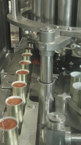 Tomato sauce cans filling machine in a canned food production facility