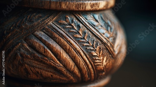 Closeup ornate wooden vase detail