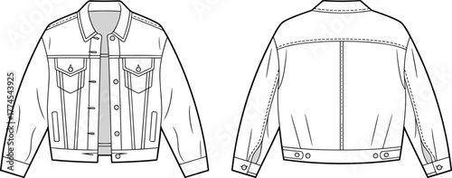 Denim jacket front and back view, technical fashion sketch, buttoned pockets, seam detail, flat vector illustration, apparel design template