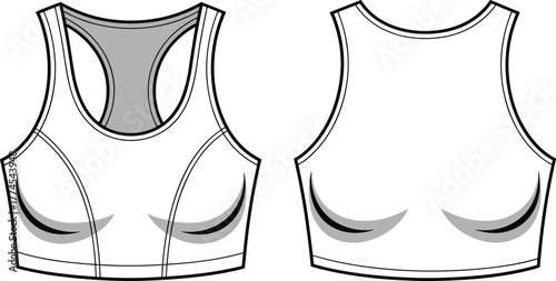 Sports bra, technical fashion sketch, front and back view, racerback design, contour seams, activewear garment, fitness apparel, flat vector illustration