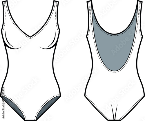 One piece swimsuit technical sketch, front and back view, fashion flat template, scoop neckline, high cut leg, garment construction, flat vector illustration