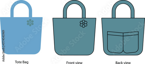 Tote bag design, front and back view, floral decoration, fashion accessory, reusable shopping bag, flat vector illustration, eco-friendly style
