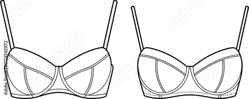 Bra front view, technical fashion sketch, structured cups, adjustable straps, lingerie design, contour seams, garment construction, flat vector illustration