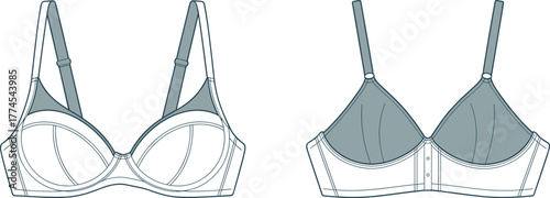 Bra fashion technical sketch, lingerie design template, underwire bra vector, soft cup bra front view, flat vector illustration