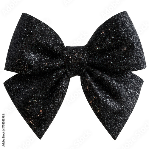 An elegant black bow covered in shimmering glitter is isolated on a black background for a festive and celebratory feel