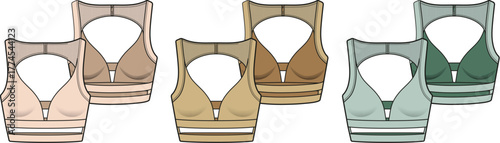 Set of technical flat sketches of a women's sports bra with a front keyhole cutout and striped band. Vector fashion illustration of activewear tops in multiple colorways