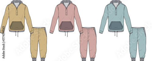 Fashion flat sketches of hooded sweatshirt and jogger pants sets in various colors
