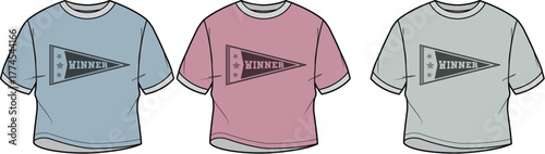 A collection of retro-style ringer t-shirts with a vintage 'Summer' pennant graphic, isolated on a white background