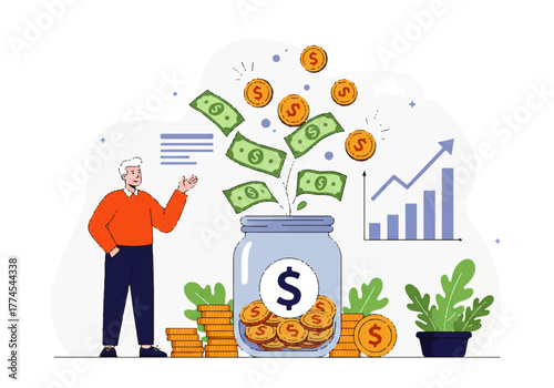 An elderly man watches money (bills and coins) float into a jar with a dollar sign, representing savings and financial growth, with a graph in the background.