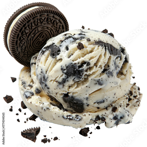 Delicious ice cream scoop topped with cookie crumble and Oreo, perfect for a sweet treat on a sunny day on transparent background