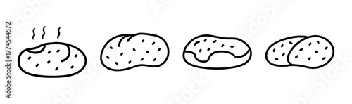 Line art baked potatoes with steam indicating freshness and warmth set