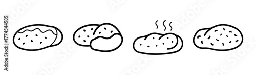 Simple line drawings of four baked potatoes showing different styles and textures