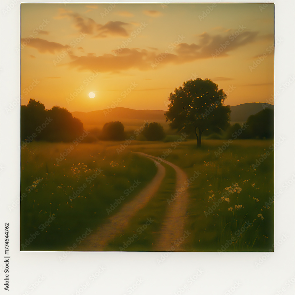 Fototapeta premium Nostalgic countryside landscape with a winding dirt road leading through a flowered meadow toward a lone tree and warm sunset hills presented as a softly faded square photographic print