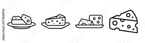 Set of four simple line art icons featuring wedges and blocks of cheese