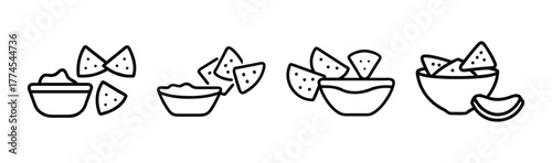 Set of four simple line art icons depicting tortilla chips with salsa and lime wedges