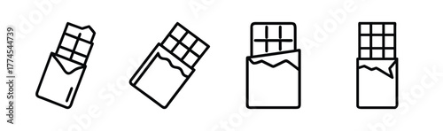 Four simple line art icons of chocolate bars with wrapper unveiling chocolate segments