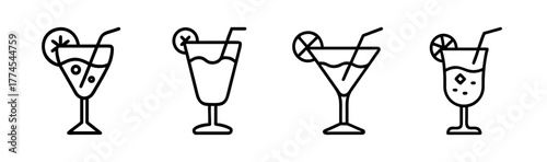 Set of four hand drawn cocktail glasses with straws and lemon slices simple line art icons