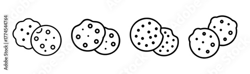 Simple line drawing of chocolate chip cookies stacked in pairs for a sweet treat
