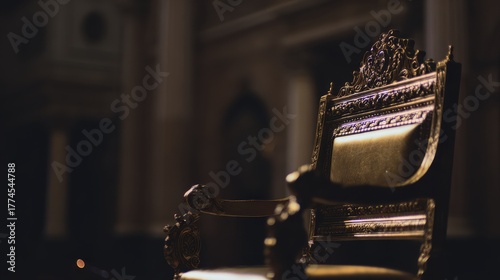 throne. Empty ornate throne in grand hall with soft side lighting and shallow depth of field. real-estate listings.