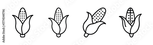 Four simple line art corn on the cob icons diverse poses easy to use