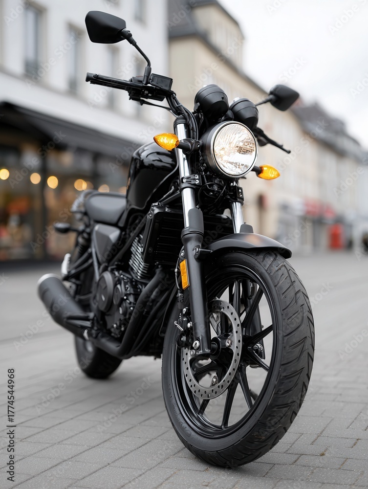 Naklejka premium A sleek black motorcycle parked on a city street, showcasing its modern design and urban environment. Ideal for transportation and lifestyle themes.