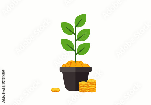A plant with green leaves growing from a pot filled with gold coins, with a stack of coins next to it.