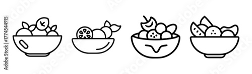 Simple line art icons of fruit salads in bowls four styles