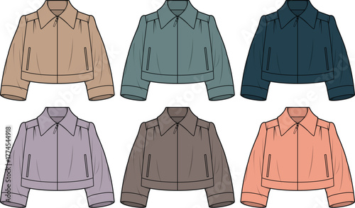 Collection of six stylish cropped jacket illustrations in assorted earth tones and muted colors