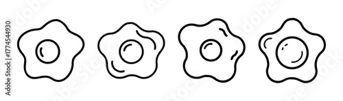 Four stylized fried eggs with wavy edges and a central yolk each ready to eat